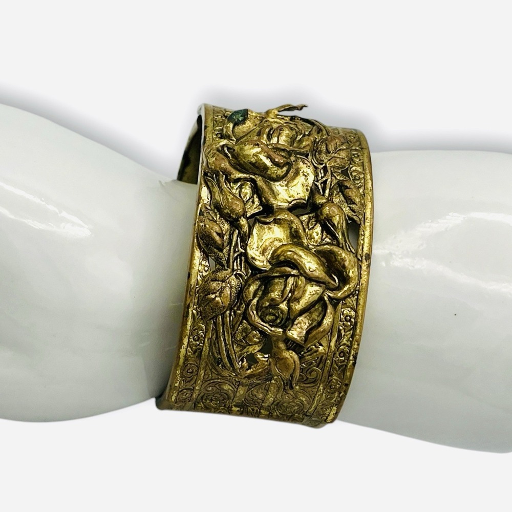 Antique Late Victorian Cuff Bracelet Gold Tone Brass Repoussé Floral
